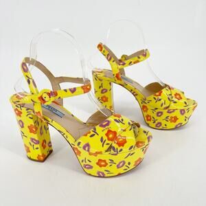Prada Yellow Floral Patent Leather Chunky Platform Block Heel Sandal size IT 37